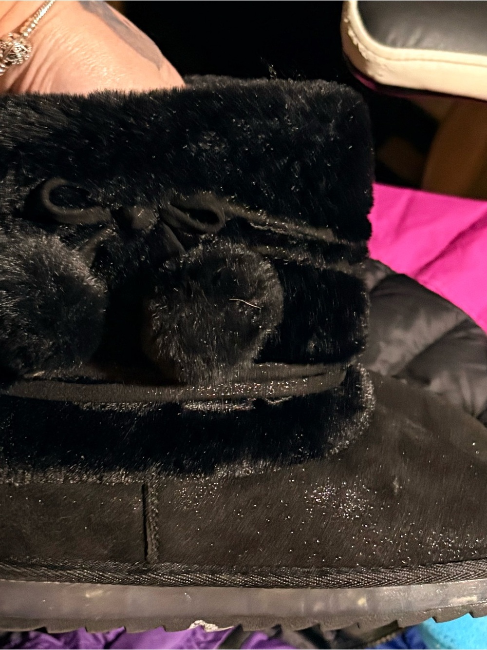 Sugar Kids Black Faux Fur Pom Pom Boots